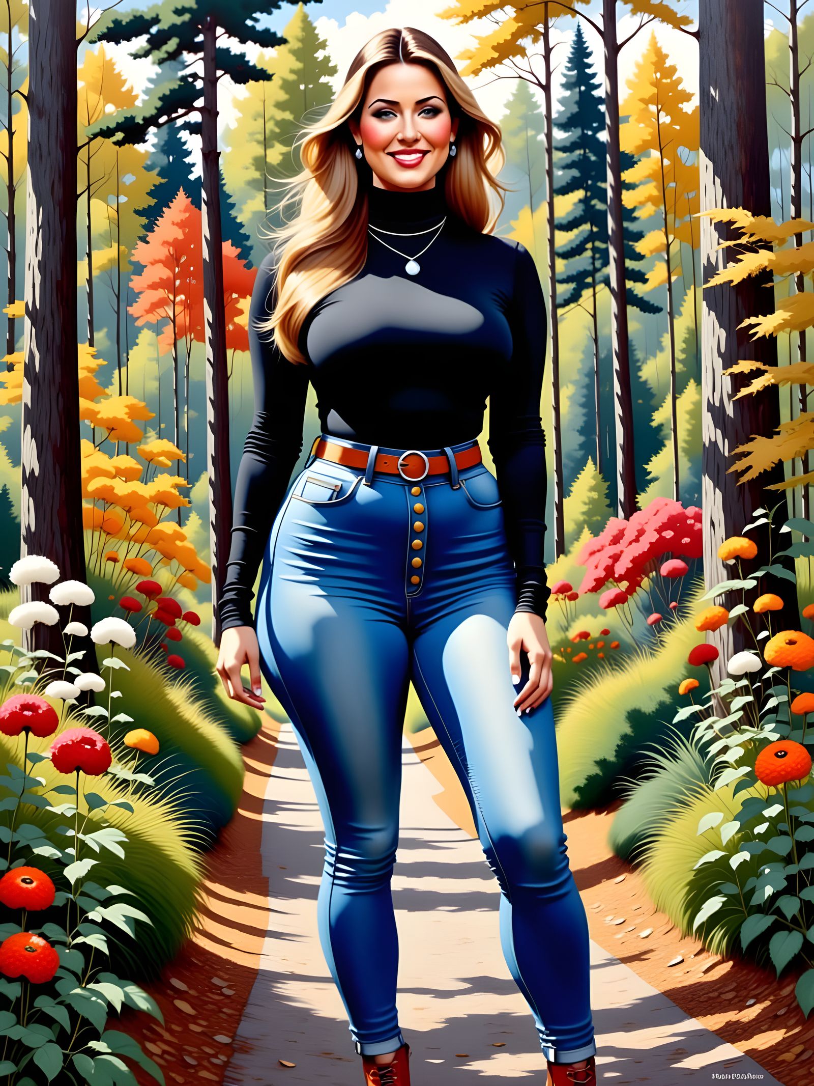 Enticing Woman in Garden: Detailed Oil Painting