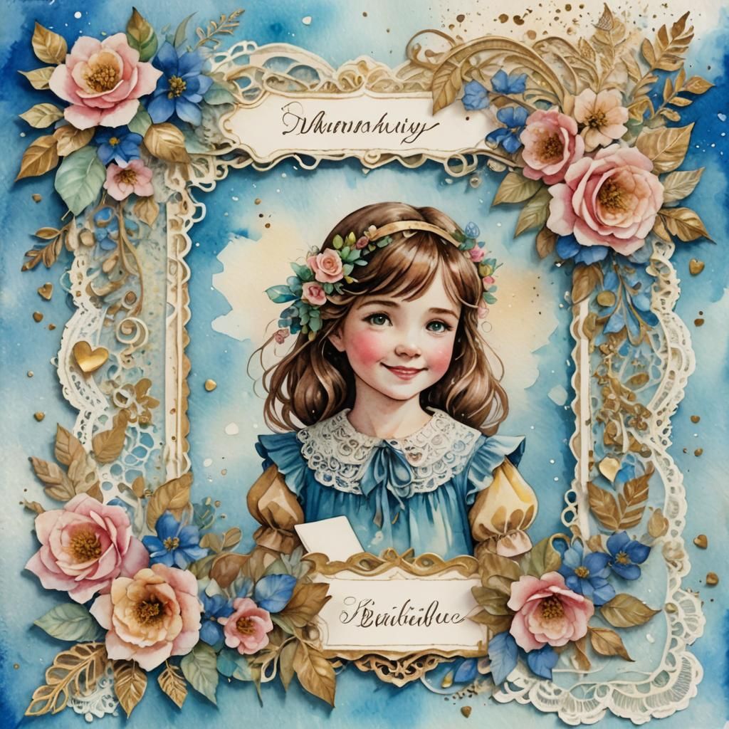 Vintage Watercolor Page with Floral Border and Girl