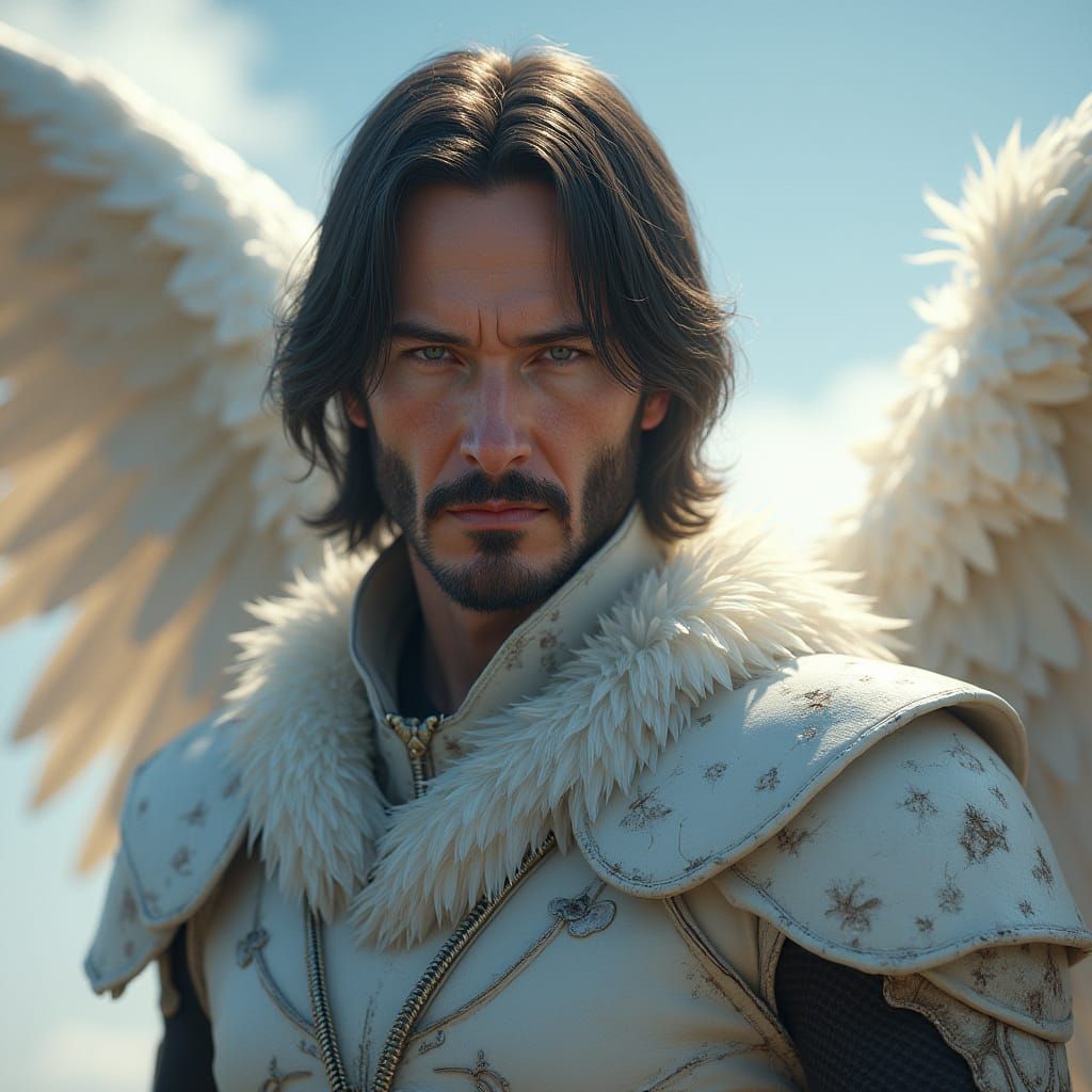 Keanu Reeves as Majestic White Angel in Dark Fantasy Style