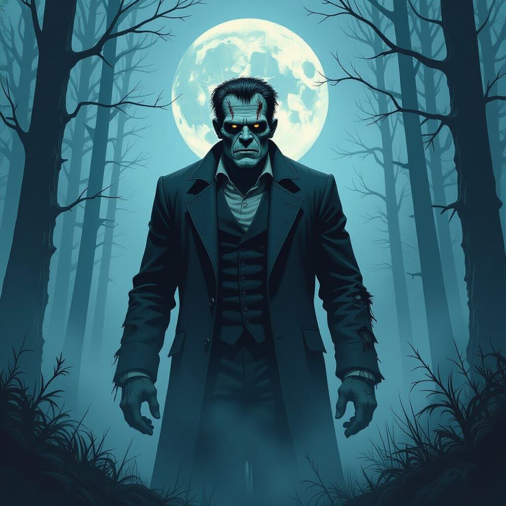 Frankenstein's Monster in Misty Moonlit Forest