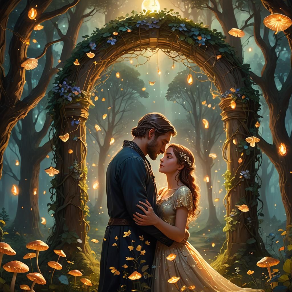 Mystical Forest Embrace in Golden Hour Lighting