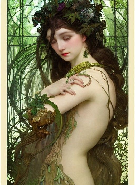 Forest Goddess Portrait in Art Deco Style