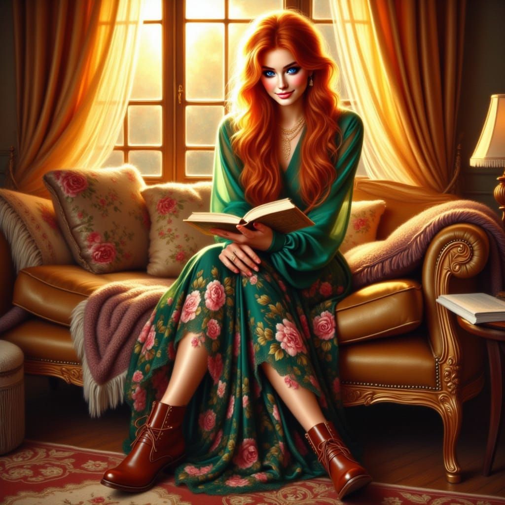 Woman Reading by Sunset Window Light