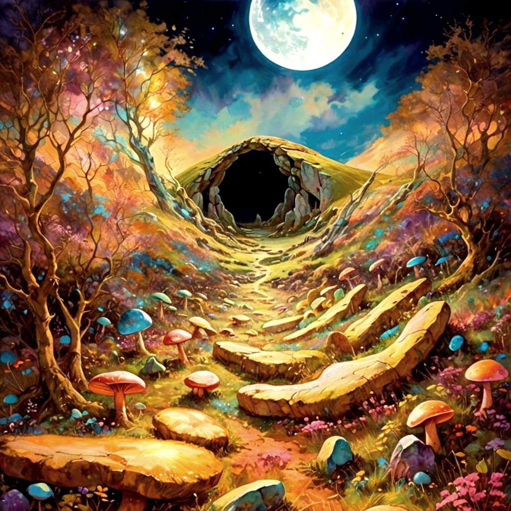 Psychedelic Moon Over Megalithic Stone Circle