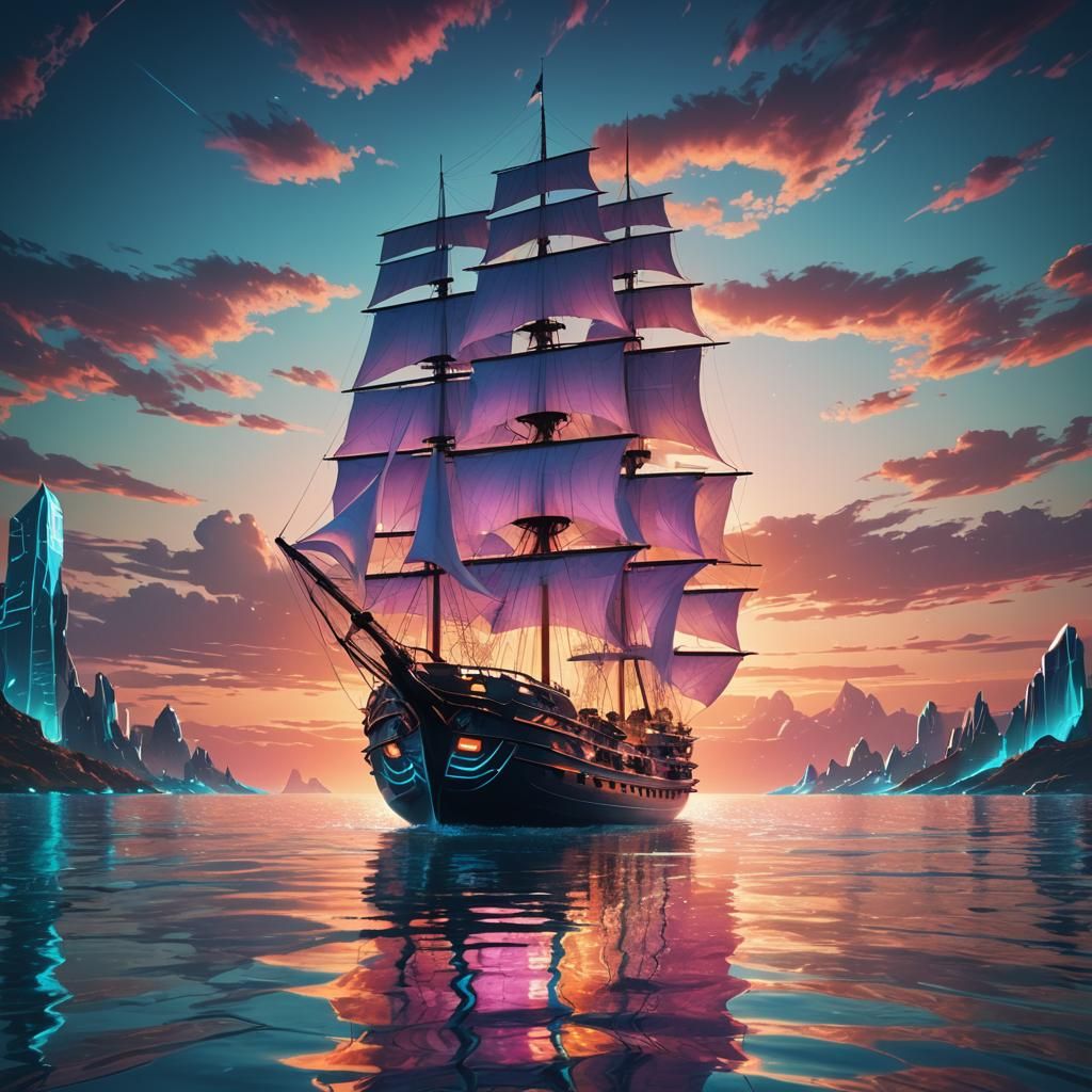 Futuristic Sailing Ship with Neon Lights