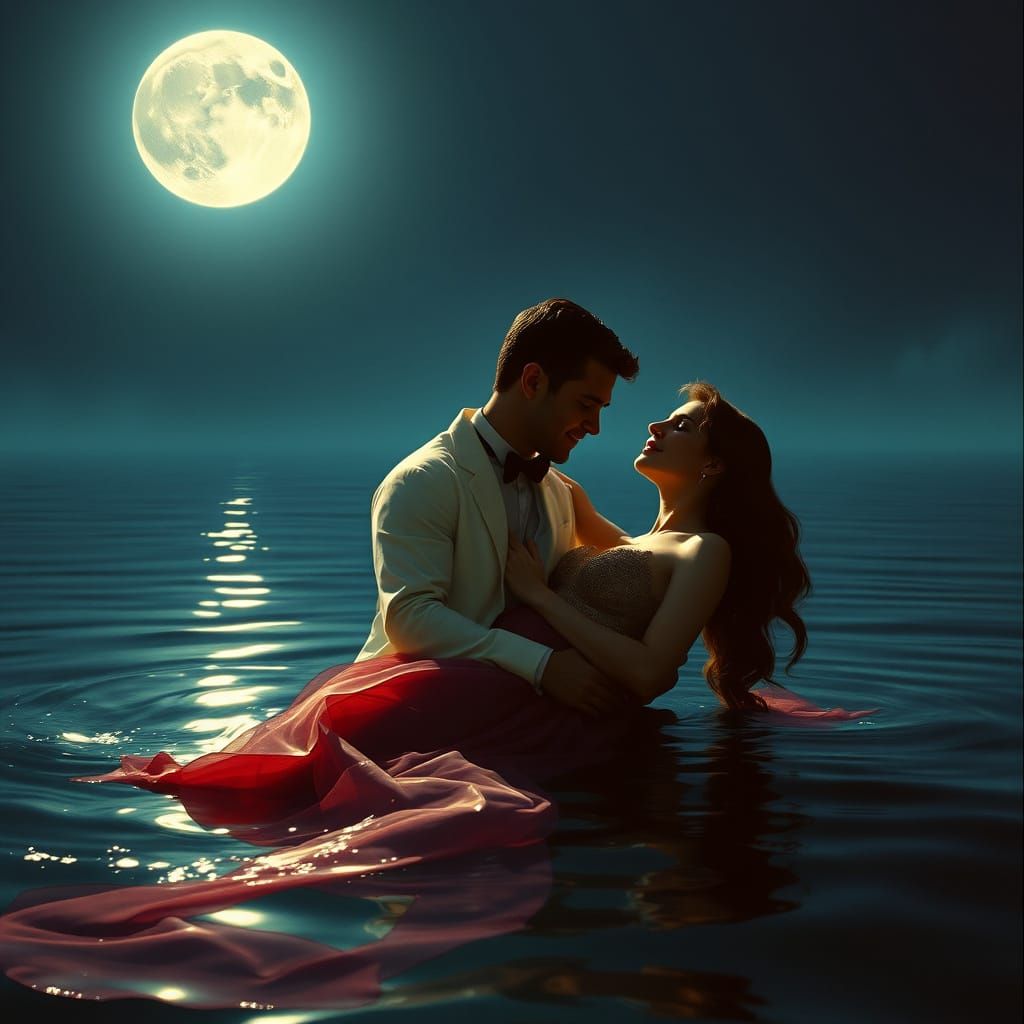 Romantic Skinny Dip Under Supermoon in Surreal Style