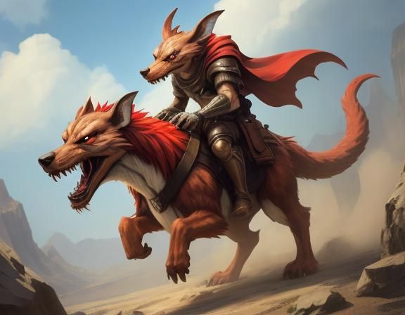 Epic Red Kobold Warrior on Acheroraptor in Cinematic Fantasy...