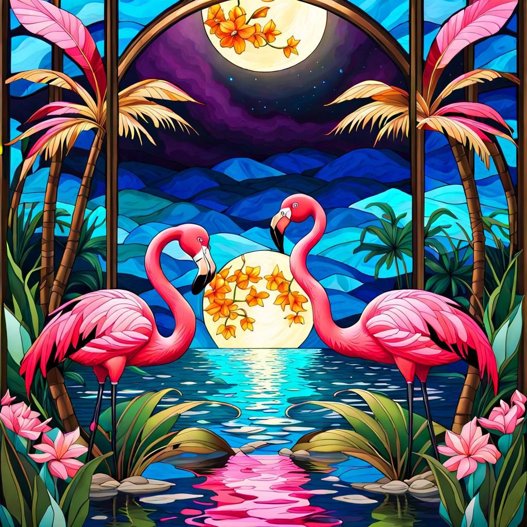 Pink Flamingo in Stained Glass with Gold Lining