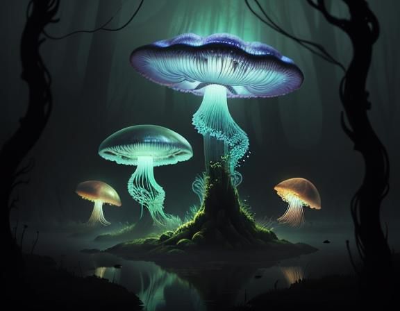 Mystical Forest: Glowing Jellyfish and Toadstools