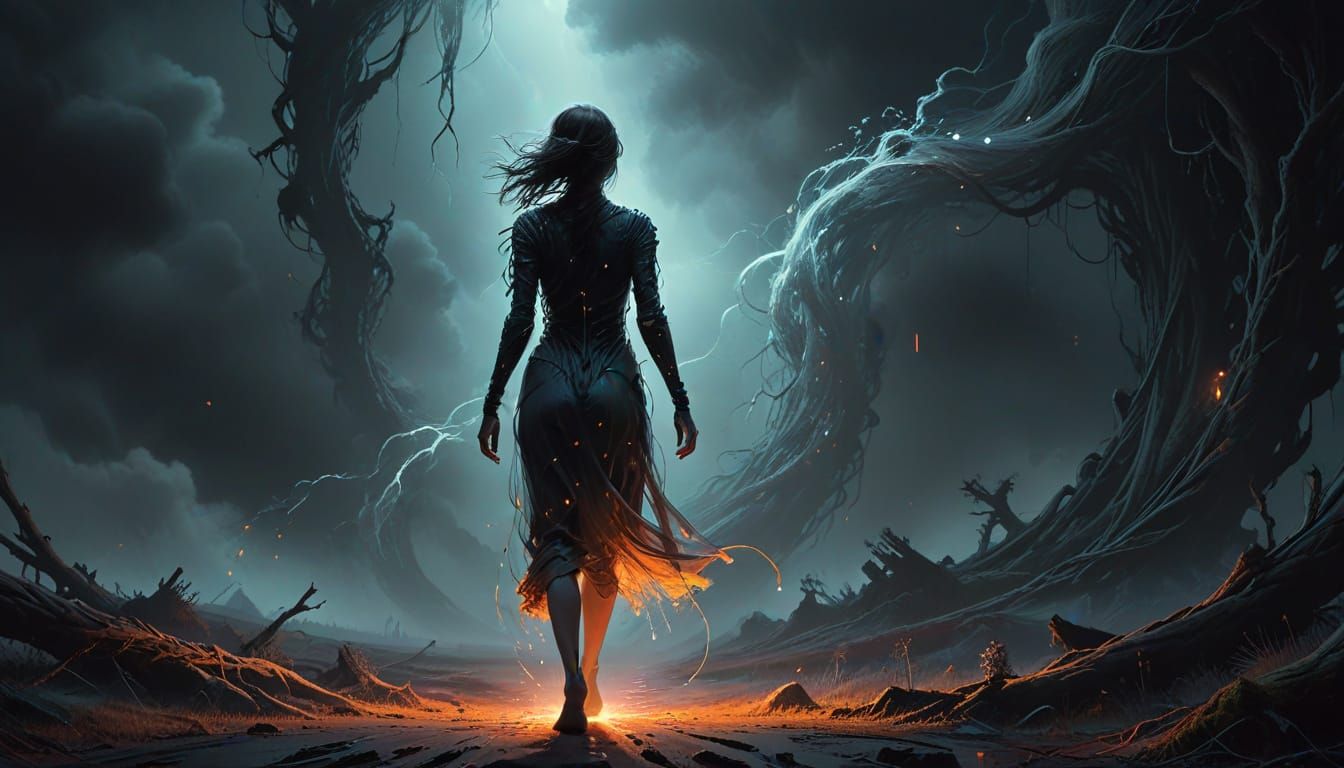 Ethereal Woman Walks Through Dark Cosmic Void