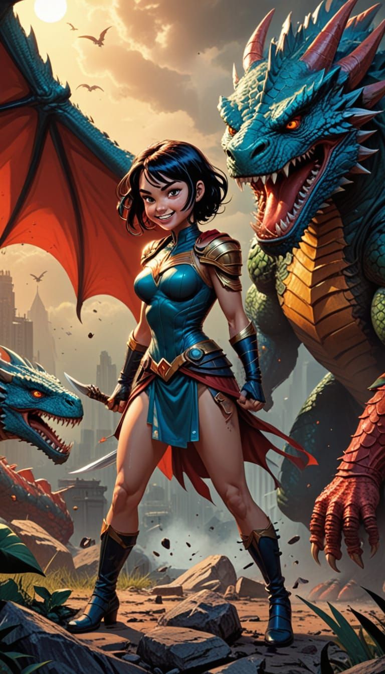 Vibrant Chibi Warrior and Dragon Comic Book Art