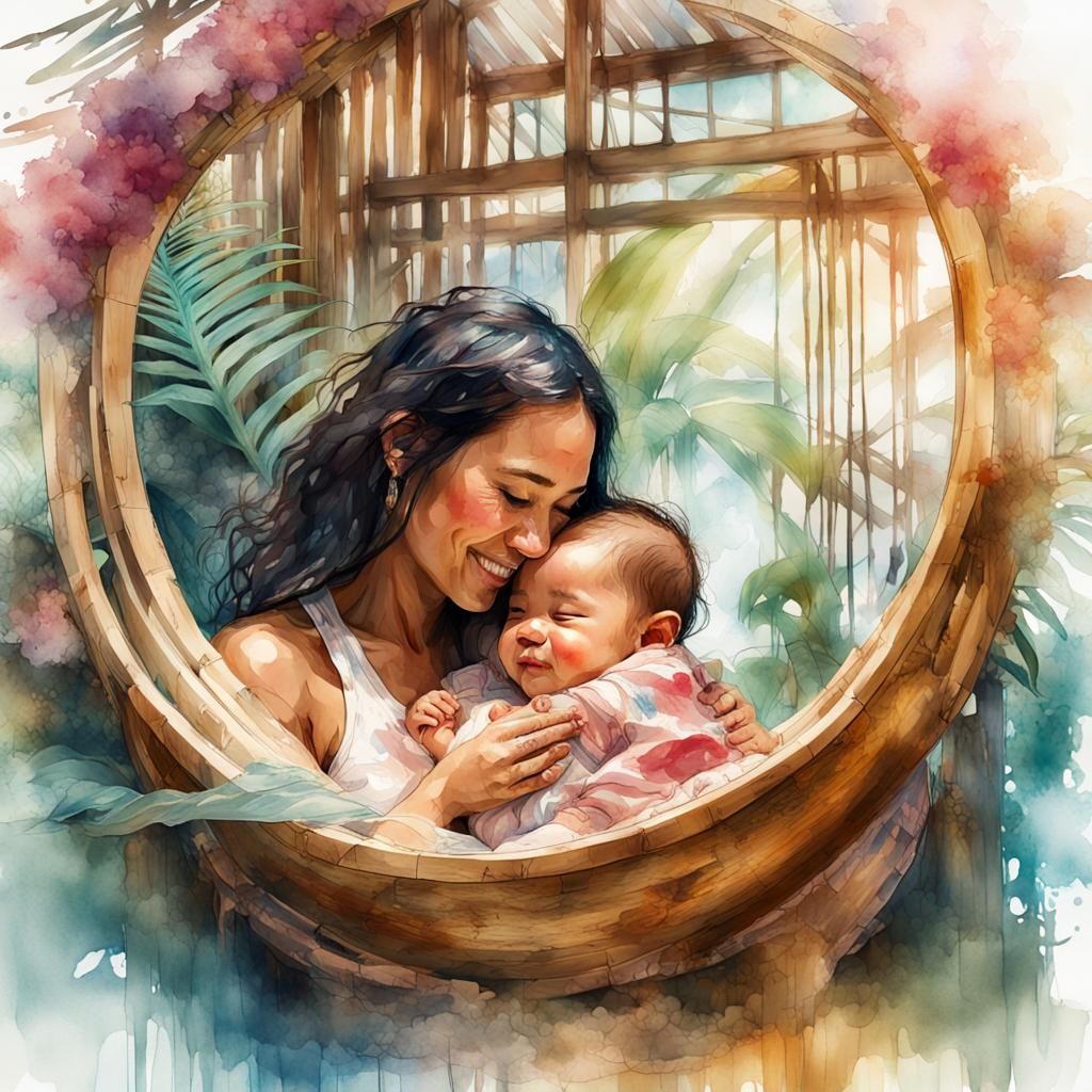 Polynesian Mother and Child: Digital Watercolor Art