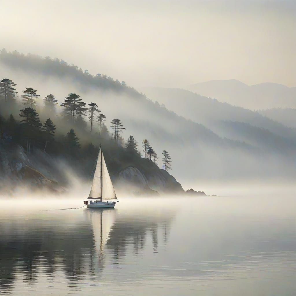 Sailboat on Misty Bay in Watercolor Style