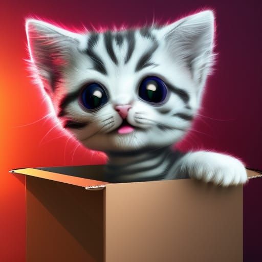 Cute Kitten in Cardboard Box: Hyperdetailed Digital Art