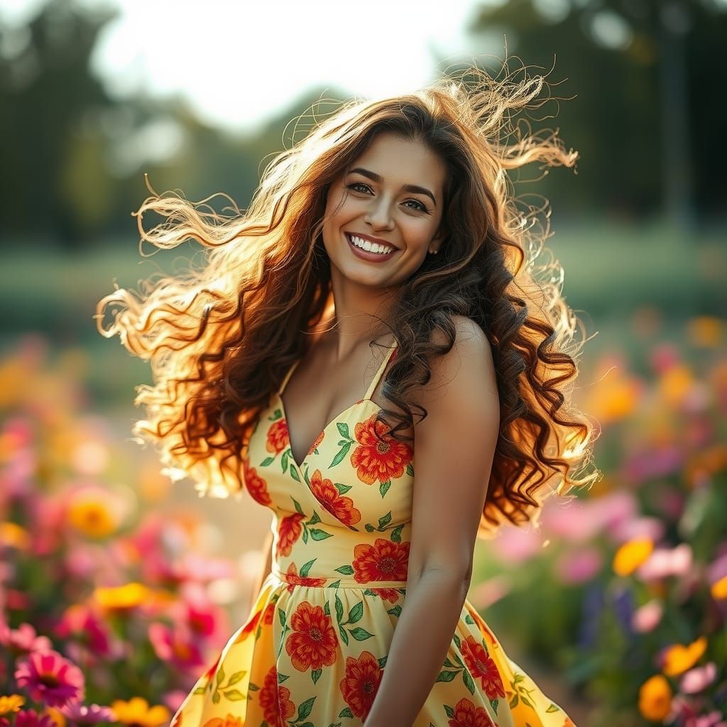 Joyful Woman Dancing in Flower Field, Professional Photograp...
