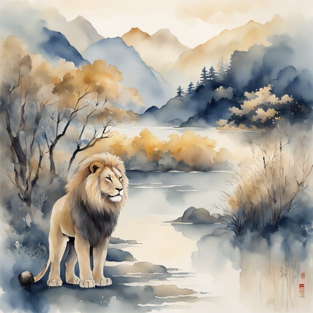 Serene Landscape with Lion in Chinese Art Style