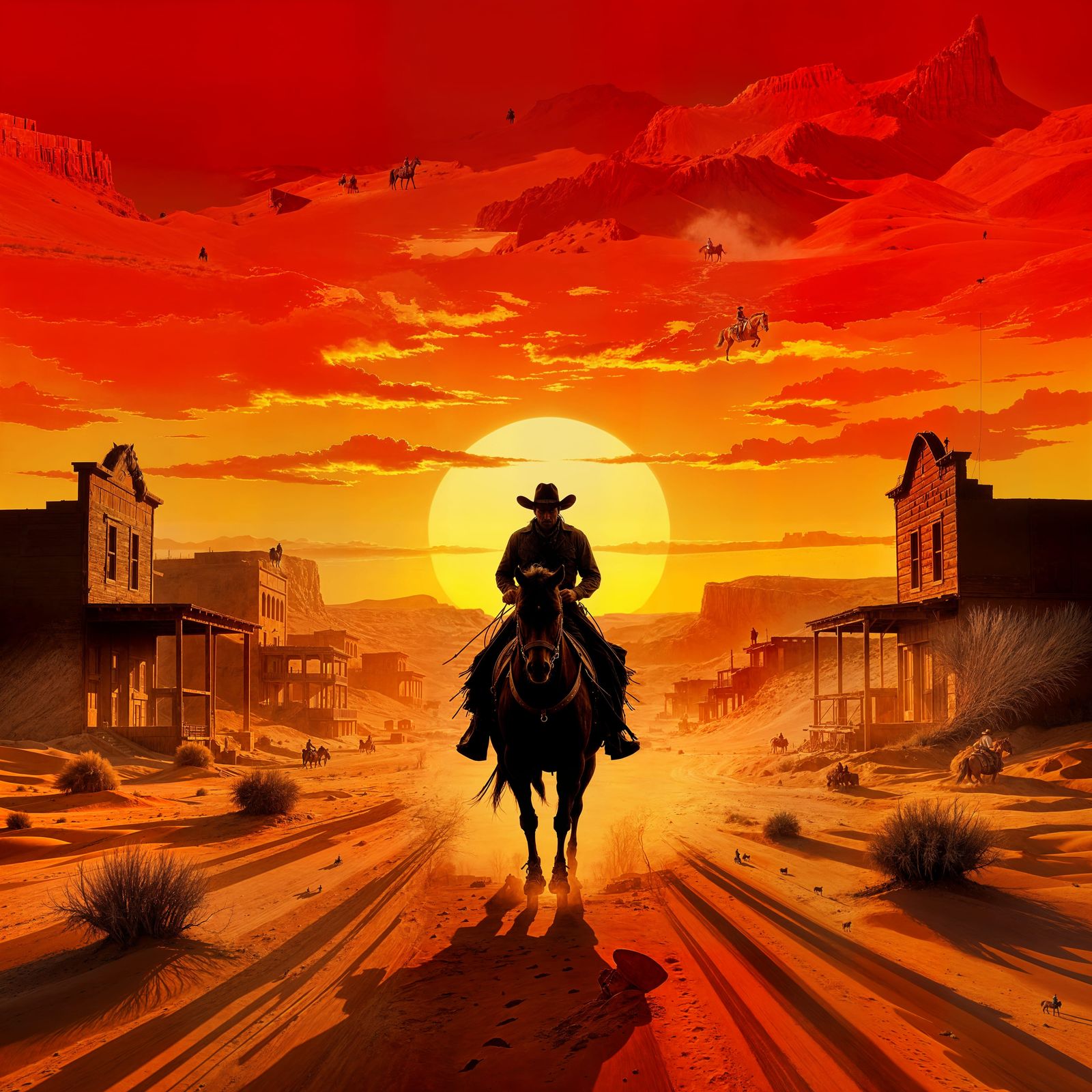 Cowboy Rides Through Desert Town at Sunset Oil Painting