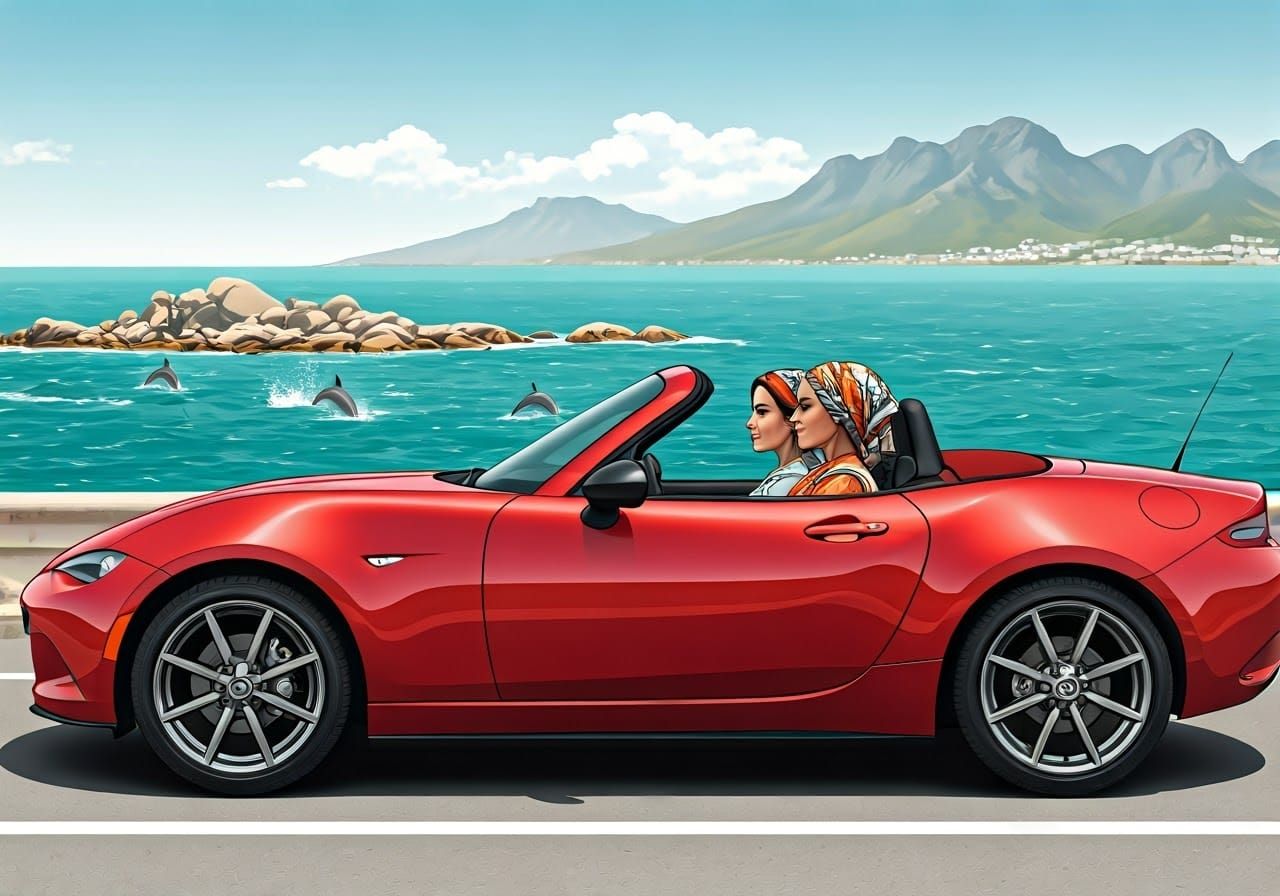 Coastal Drive: Women in Red Miata, Impressionist Style