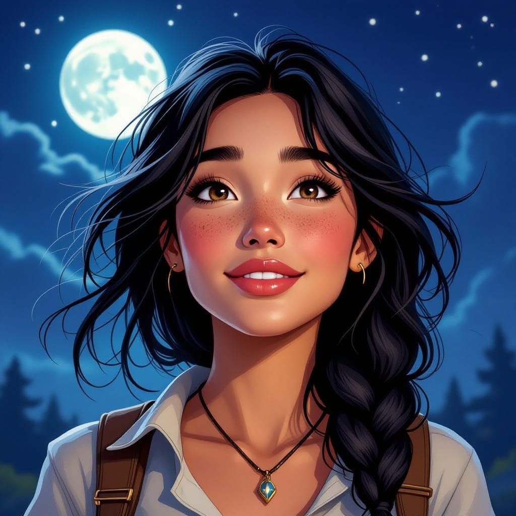 Happy Female Adventurer in Moonlight