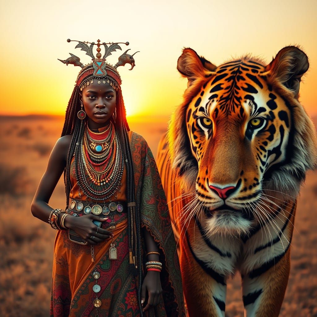 Regal African Witch Stands Beside a Majestic Tiger in a Futu...