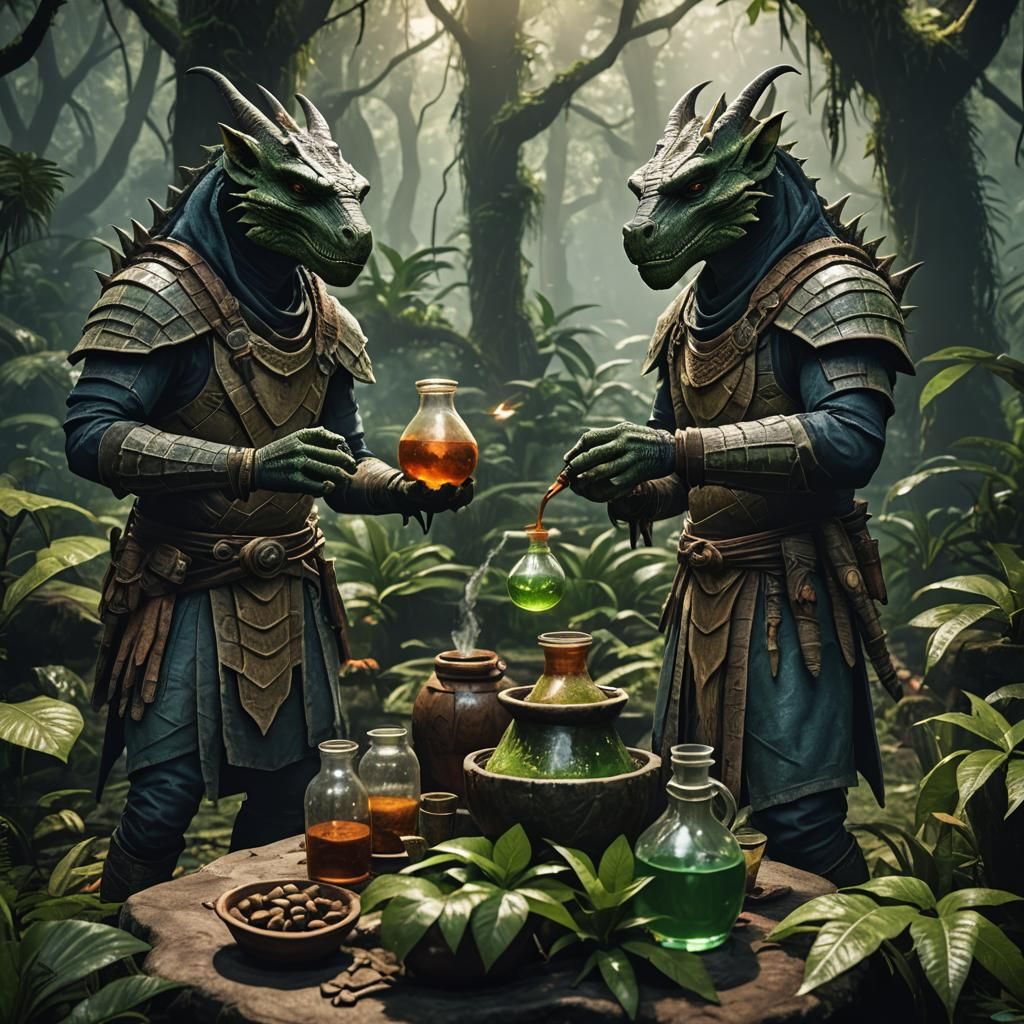 Ancient Argonians making potions in magical rainforest