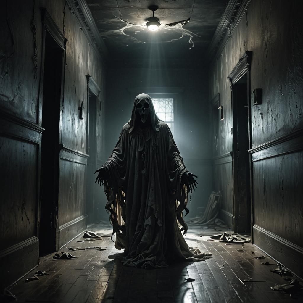 Eerie Ghost in Abandoned Hallway, Hyperrealistic Horror Art