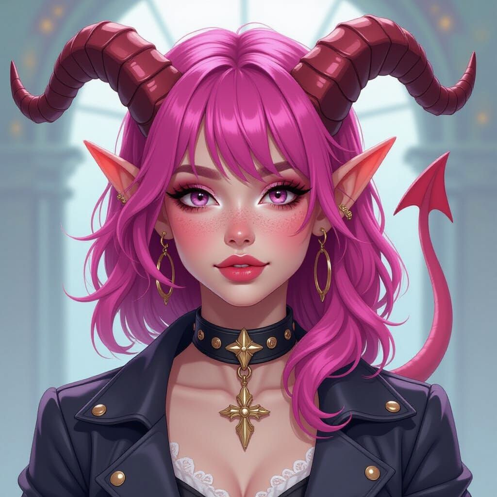 Tiefling Cleric with Pink Hair and Spade Tail