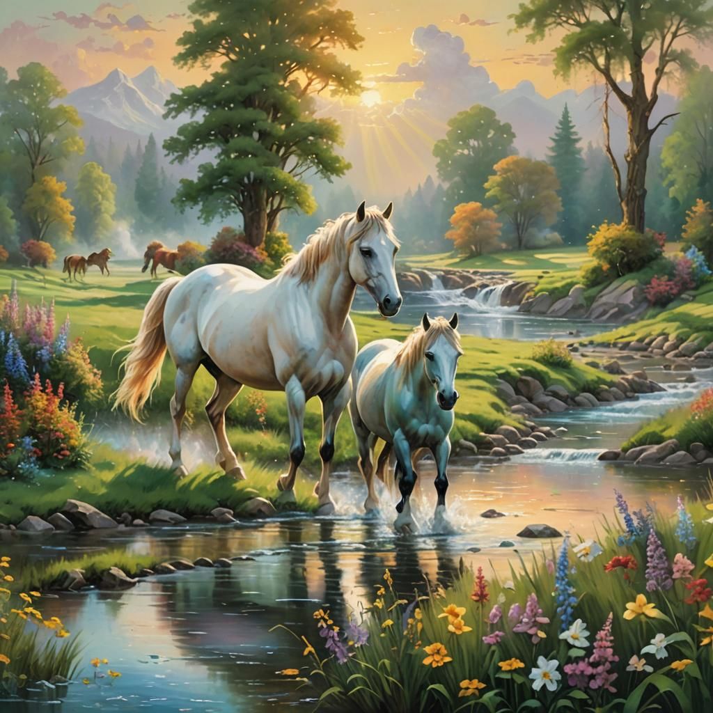 Horses in Stream: Ethereal Fantasy Oil Painting