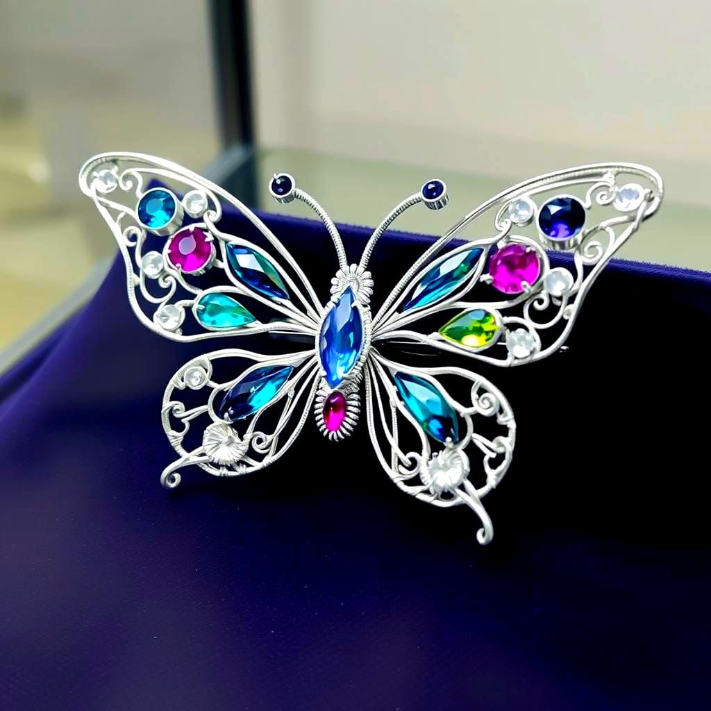 Gemstone Butterfly Brooch Crafted from Silver Wire