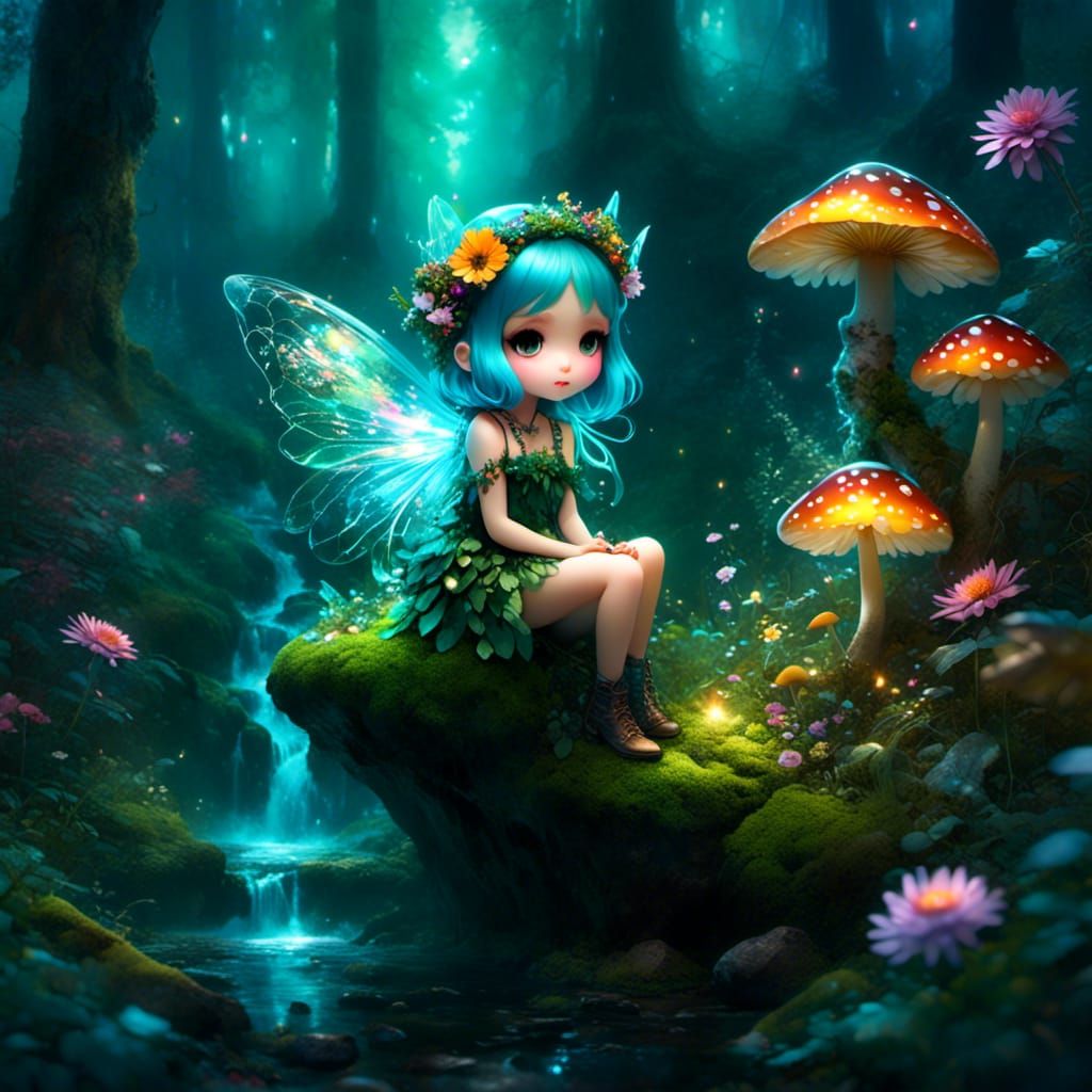 Chibi Forest Fairy with Daisy, Alcohol Ink Art