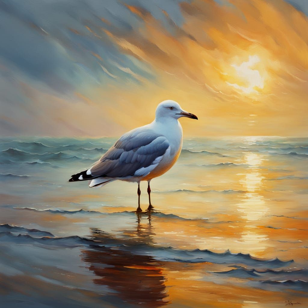 Seagull on Calm Sea in Surreal Dreamlike Style