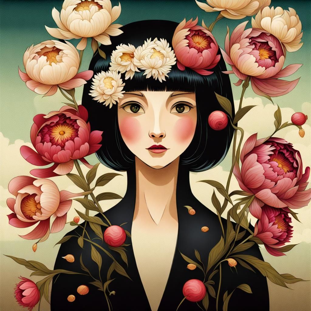Woman Still Life with Black Peonies, Manga Style