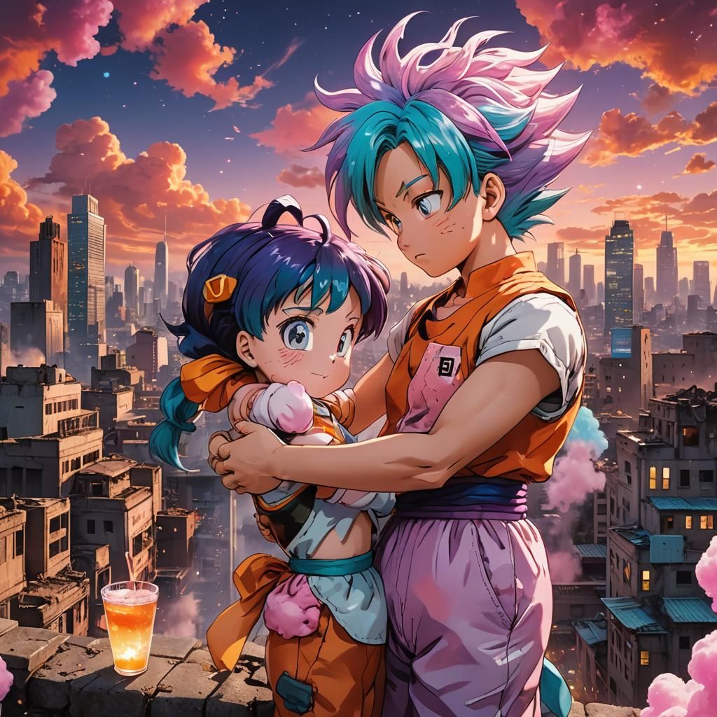 Tender Kiss Amidst Ruined Cityscape in Digital Art