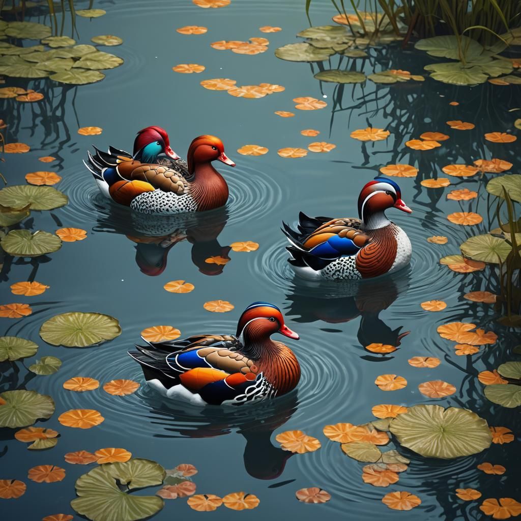 Mandarin Ducks in Kusama-Inspired Fantasy Art