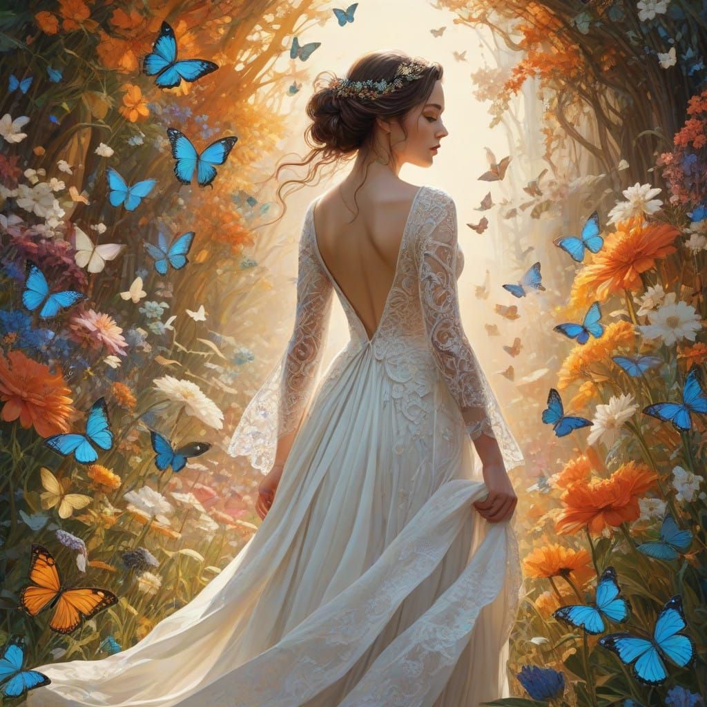 Girl with Butterfly Wings in a Whimsical Meadow Scene