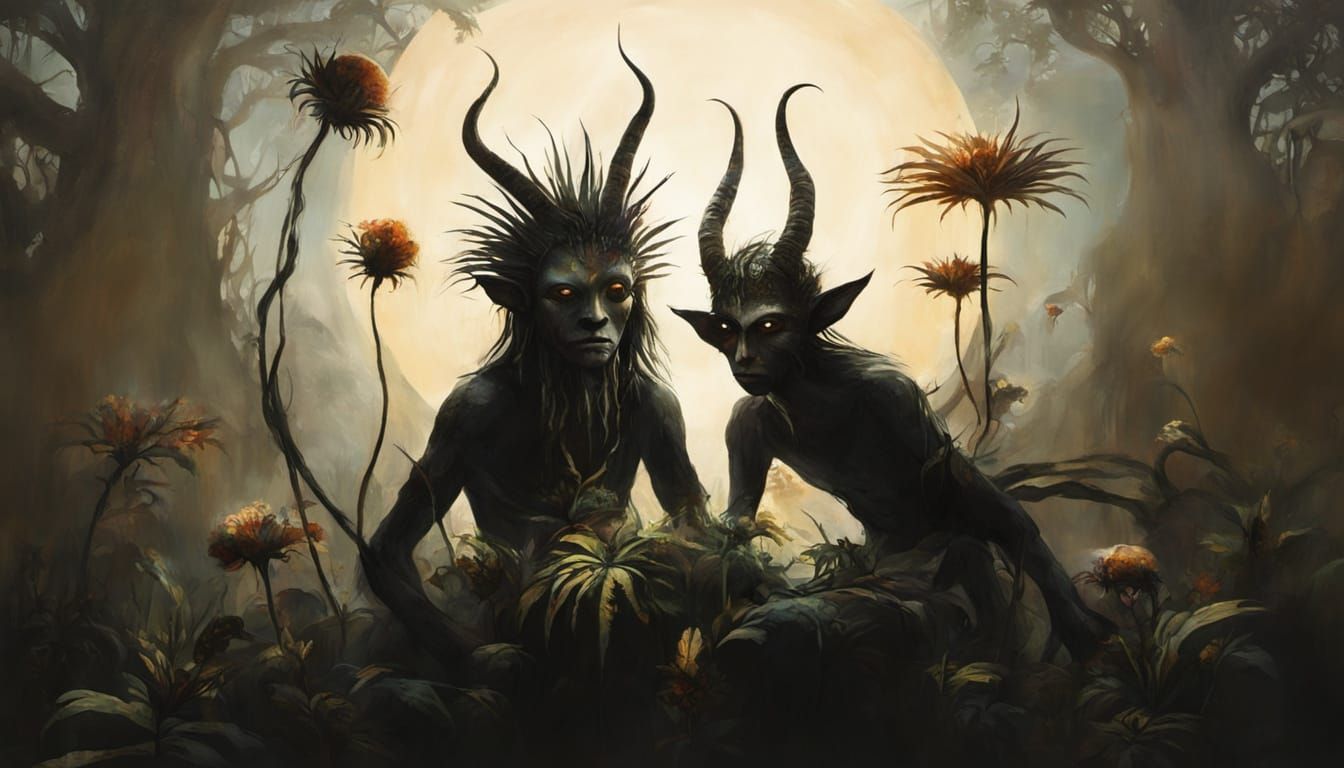 Ethereal Creatures Silhouetted in Oil Painting