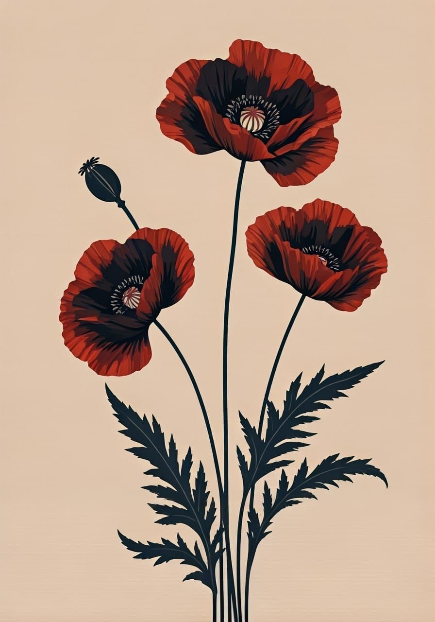 Minimalist Poppy Illustration in Mid-Century Style