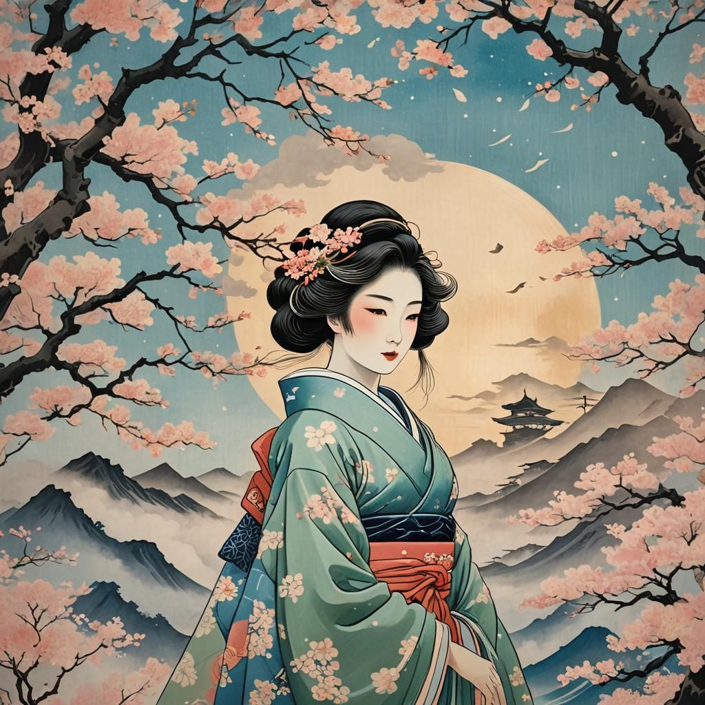 Geisha in Dreamscape: An Ukiyo-e Style Image