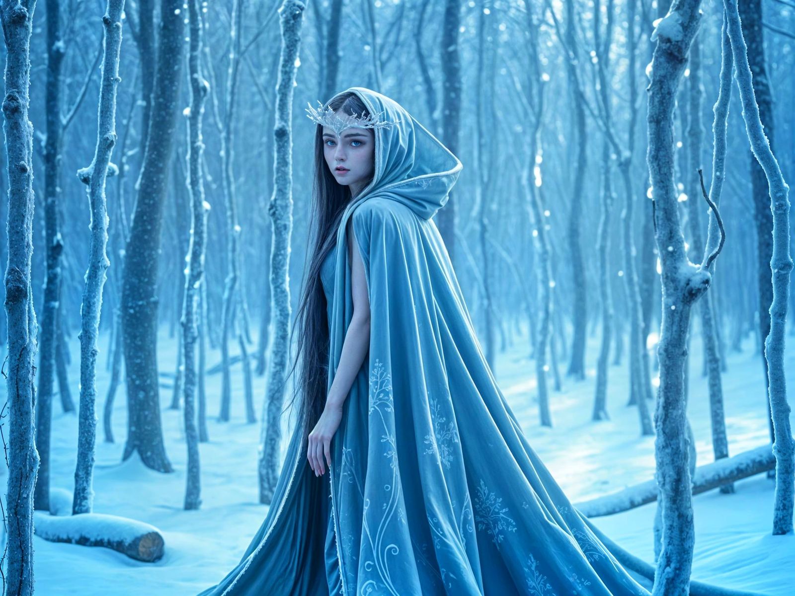 Mythical Winter Creature in Ethereal Frosty Landscape