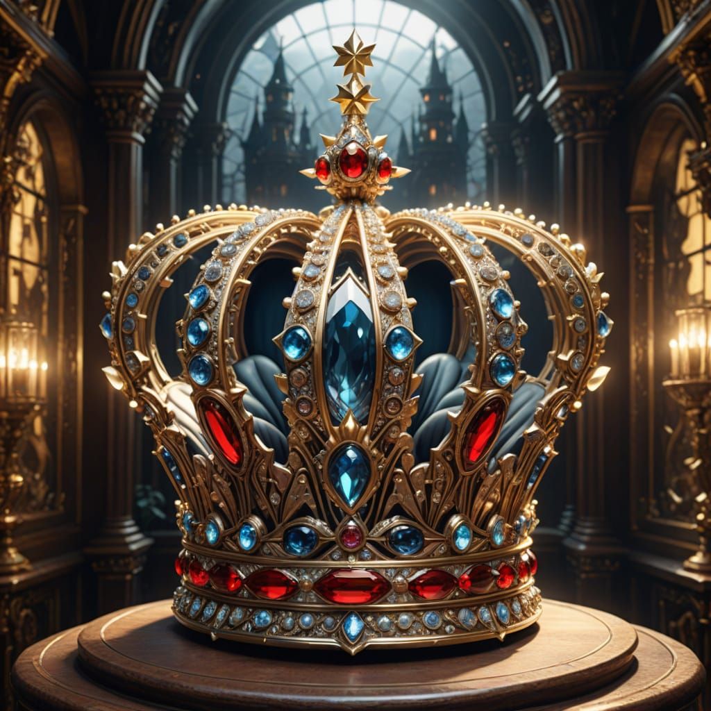 Elegant Crown Displayed in Museum Cabinet as Fantasmagorical...