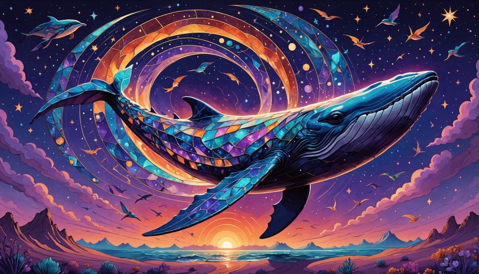 Stained Glass Whale Drifting in Twilight Desert Sky