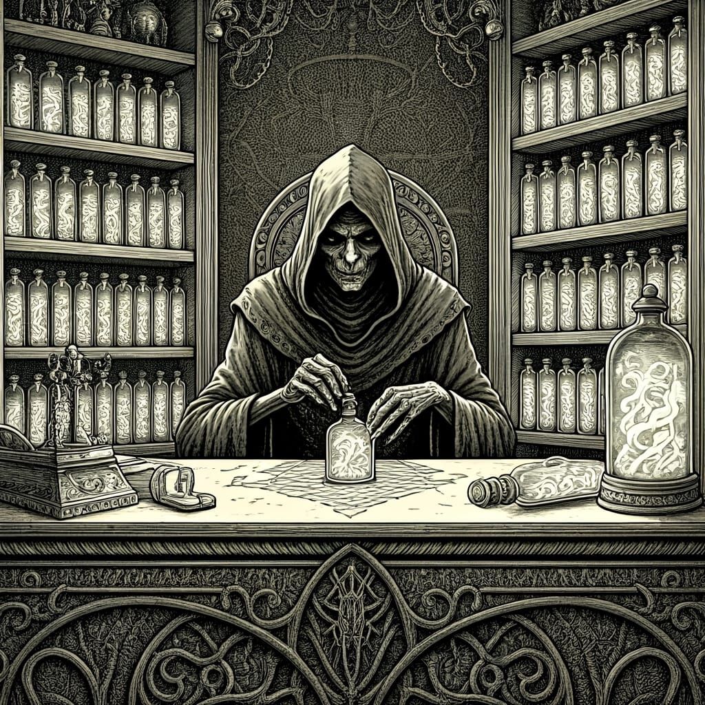 Forbidden Alchemy: Memory Weaver in Ink Illustration Style