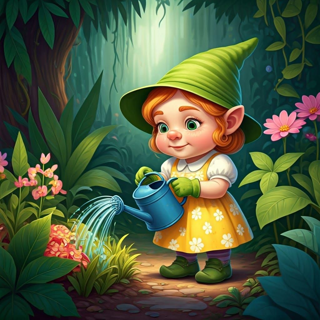 Whimsical Female Gnome Tends Her Enchanted Garden in Fantasy...