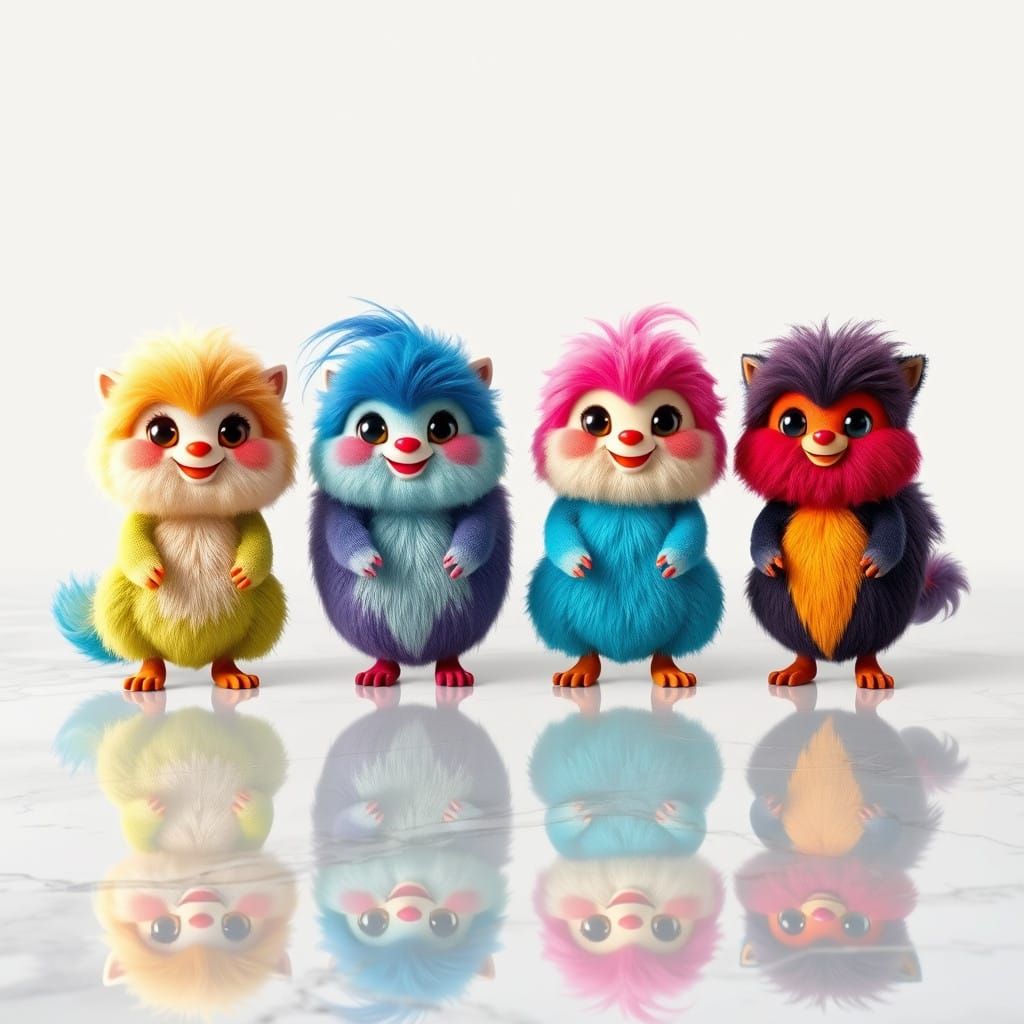 Quirky Creatures Gather on Glittering Marble in Chibi Style