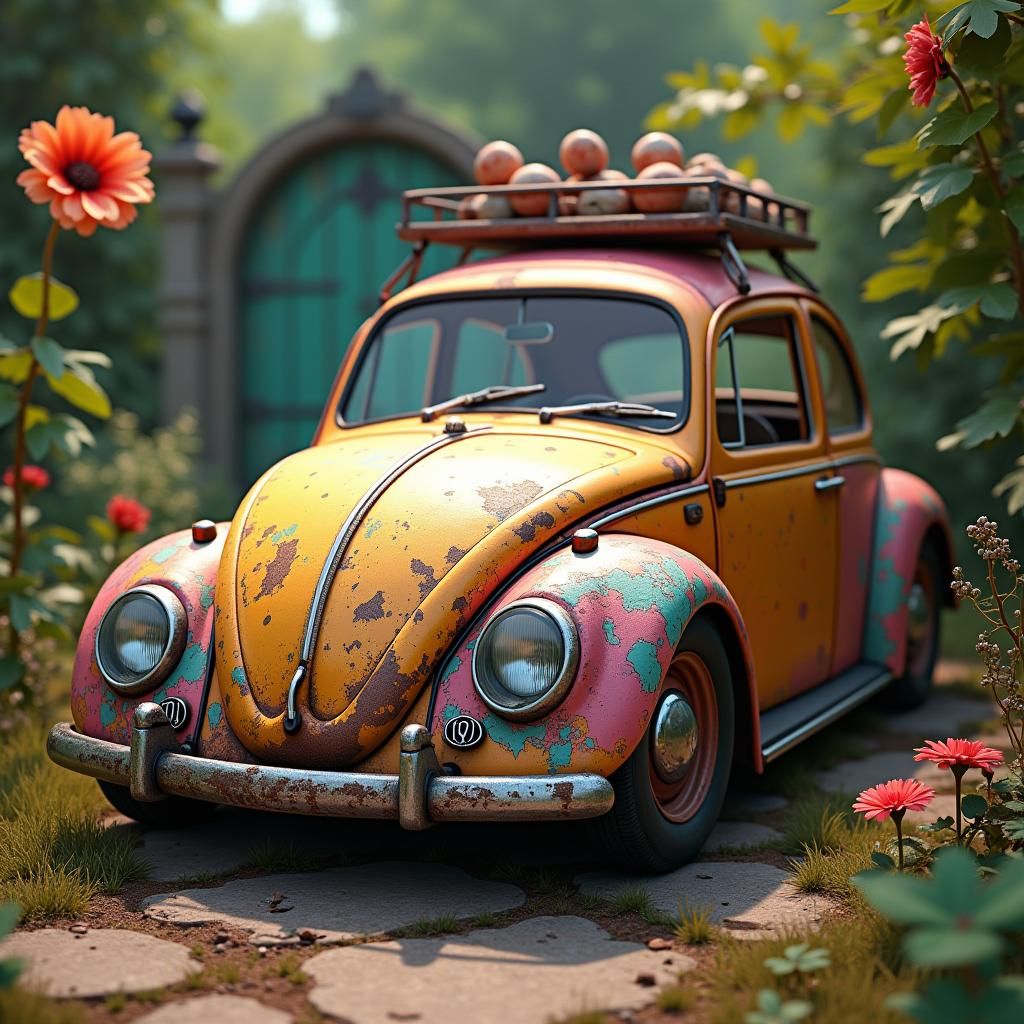 Hippy VW Beetle in Lush Whimsical Environment