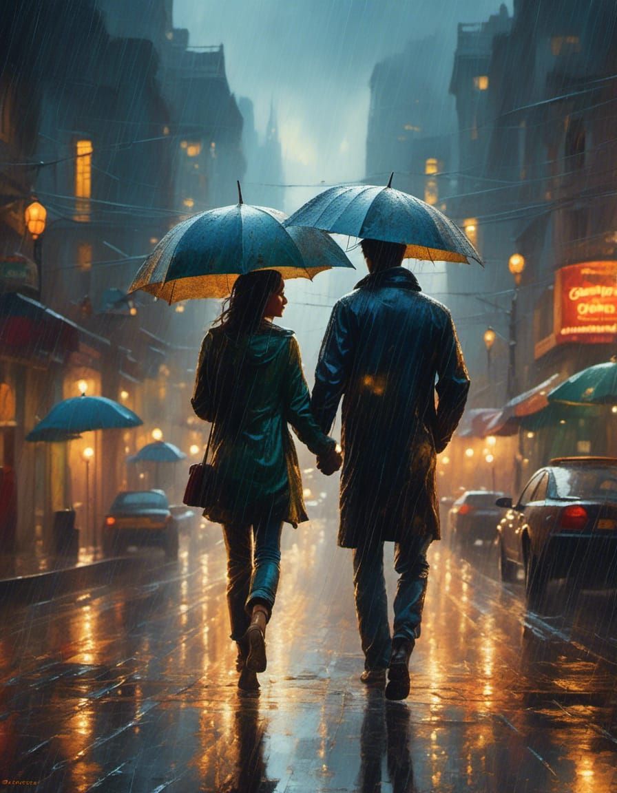 Romantic Couple Embrace in Rainy Cityscape Oil Painting