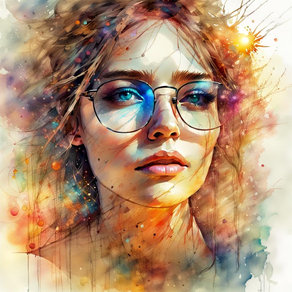 Beautiful Woman with Glasses in Digital Watercolor