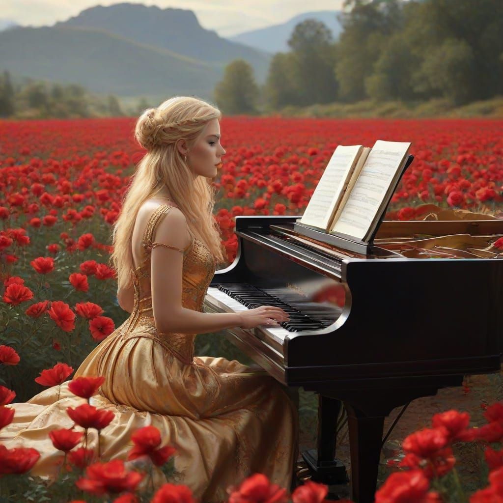 Elven Woman Plays Piano Amidst Ethereal Fantasy Landscape