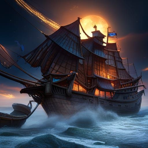 Pirate Witch Boat on Fire: Detailed Matte Painting