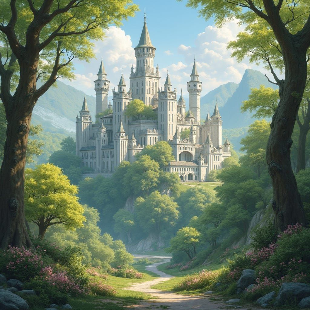 Ethereal Beaux-Arts Cityscape Amidst Vibrant Spring Forest